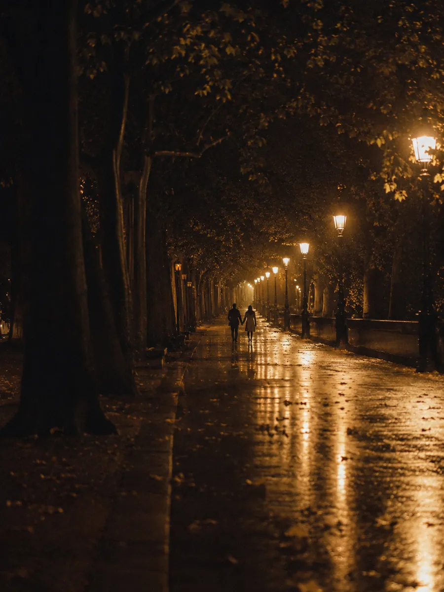 Due persone camminano di spalle lungo un viale illuminato di notte